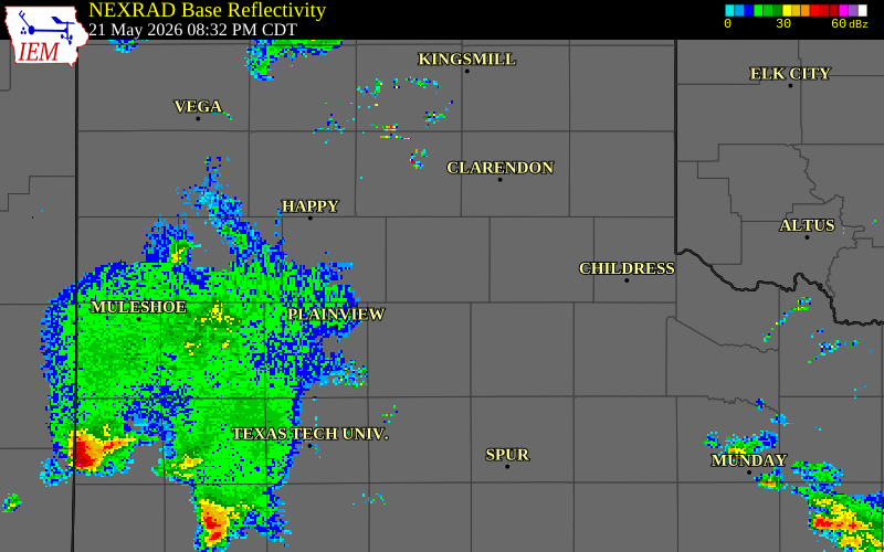 NEXRAD radar during the Thursday, May 21, 2026 storm activity in Briscoe County, Texas