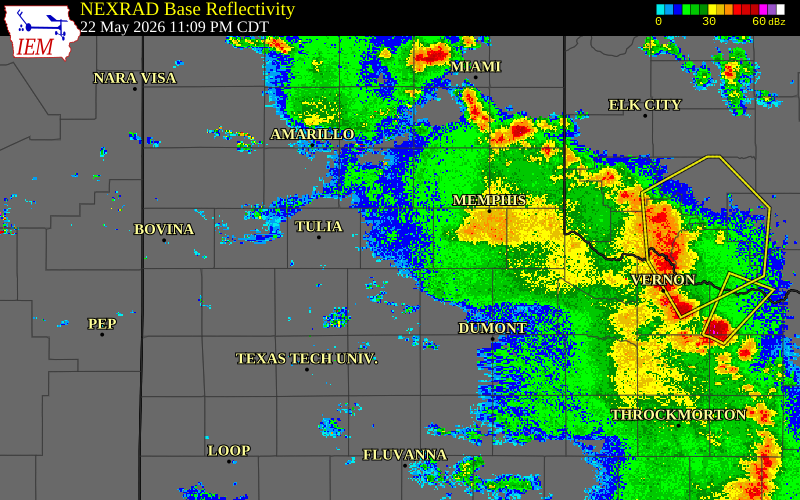 Radar snapshot during the May 22, 2026 wind event near 7 ESE Silverton, Briscoe County, Texas, with NWS warning polygons