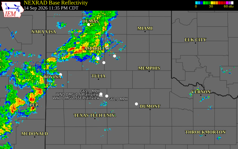 Current NEXRAD radar over Briscoe County, Texas with recent storm report locations