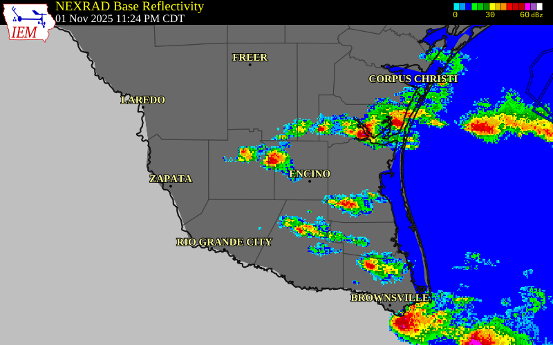 NEXRAD radar during the Saturday, November 1, 2025 storm activity in Brooks County, Texas
