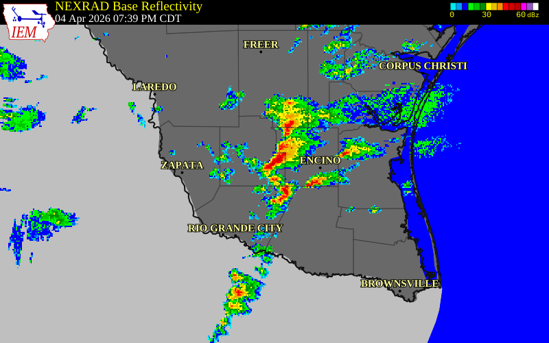 NEXRAD radar during the Saturday, April 4, 2026 storm activity in Brooks County, Texas