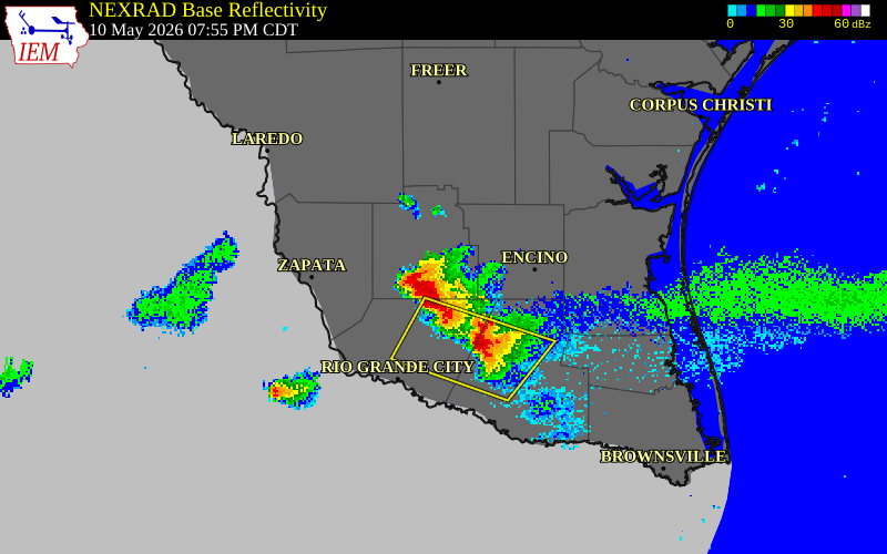 NEXRAD radar during the Sunday, May 10, 2026 storm activity in Brooks County, Texas