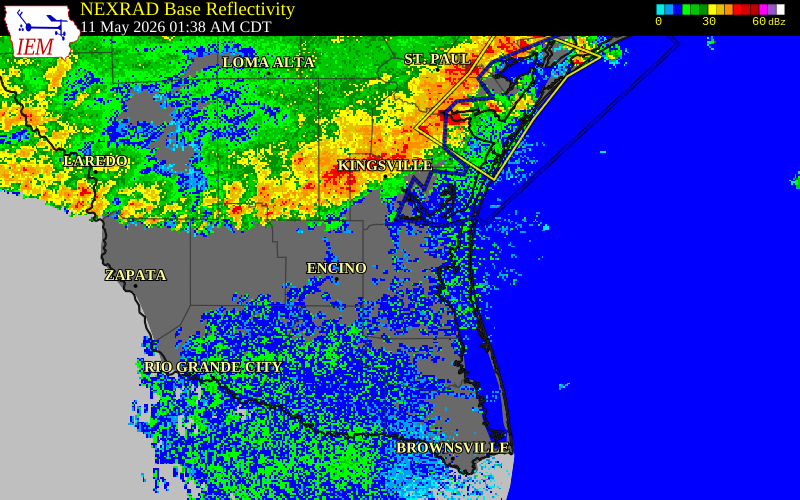 NEXRAD radar during the Monday, May 11, 2026 storm activity in Brooks County, Texas