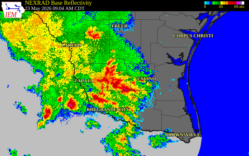 NEXRAD radar during the Saturday, May 23, 2026 storm activity in Brooks County, Texas