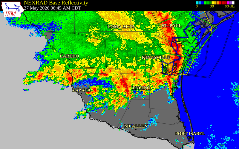 NEXRAD radar during the Wednesday, May 27, 2026 storm activity in Brooks County, Texas