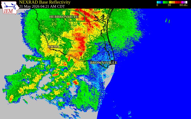 Radar snapshot during the May 21, 2026 wind event near Brooks County, Brooks County, Texas, with NWS warning polygons