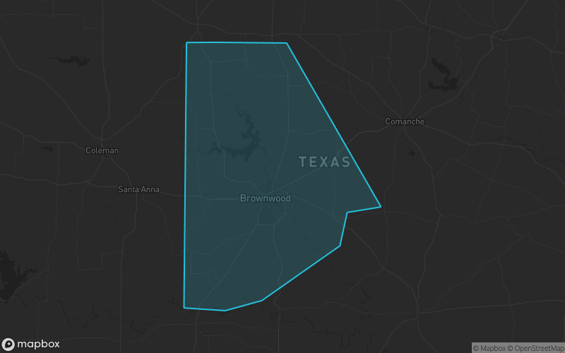 Map of Brown County, Texas showing the county boundary and surrounding cities