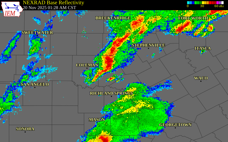 NEXRAD radar during the Thursday, November 20, 2025 storm activity in Brown County, Texas