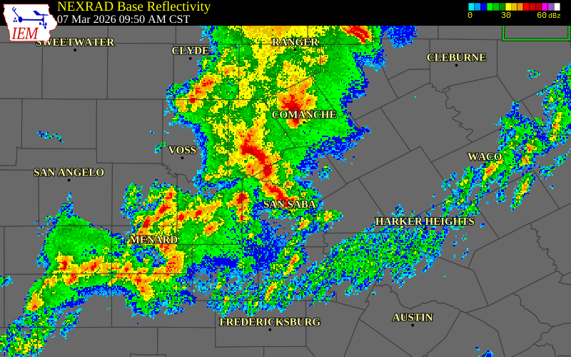 NEXRAD radar during the Saturday, March 7, 2026 storm activity in Brown County, Texas