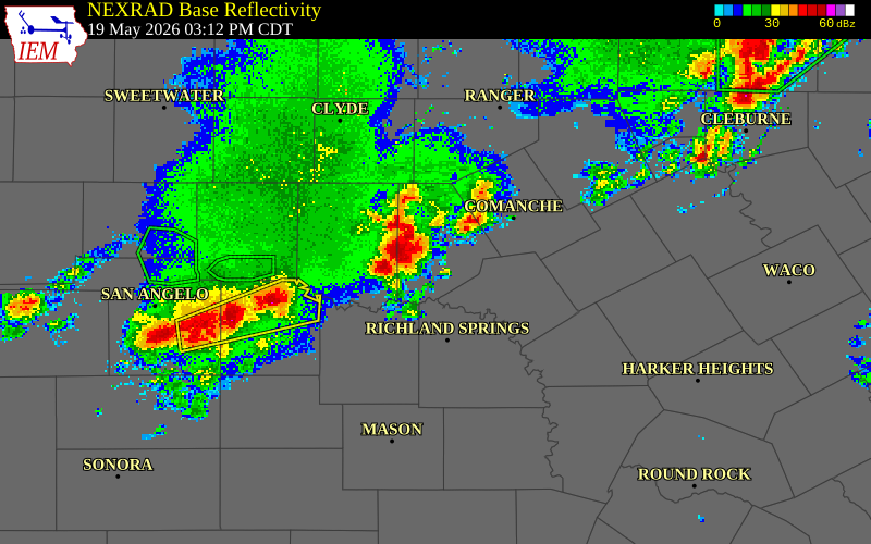 NEXRAD radar during the Tuesday, May 19, 2026 storm activity in Brown County, Texas