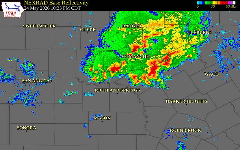 NEXRAD radar during the Sunday, May 24, 2026 storm activity in Brown County, Texas
