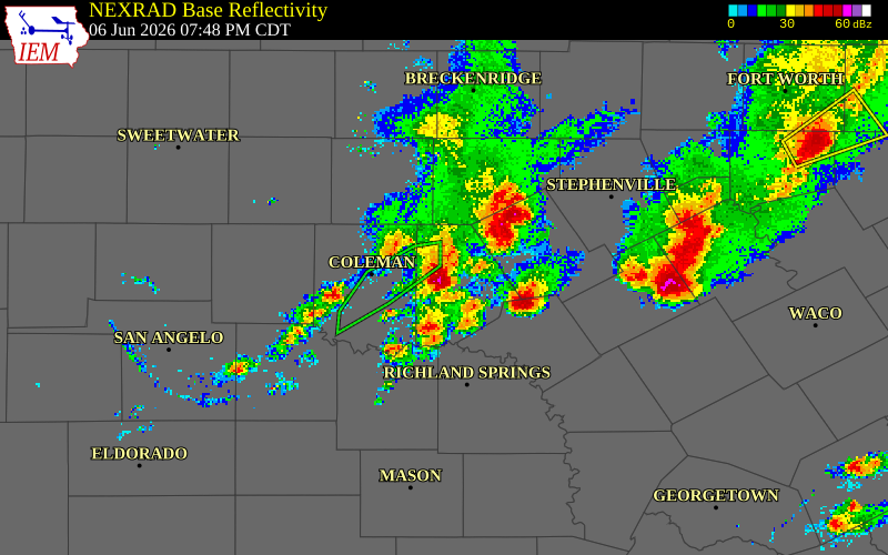 NEXRAD radar during the Saturday, June 6, 2026 storm activity in Brown County, Texas