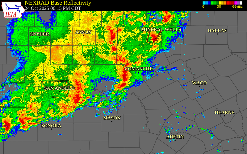 Radar snapshot during the Oct 24, 2025 wind event near 4 NNW Early, Brown County, Texas, with NWS warning polygons