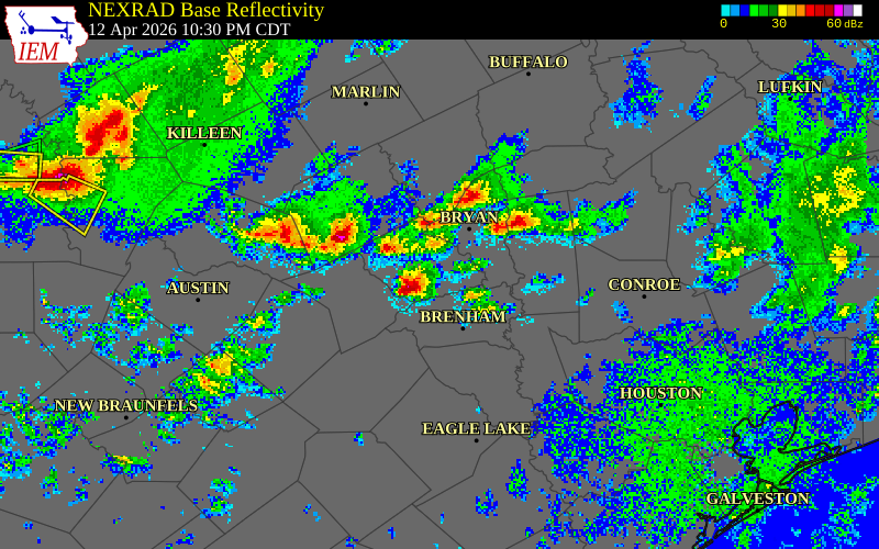 NEXRAD radar during the Sunday, April 12, 2026 storm activity in Burleson County, Texas