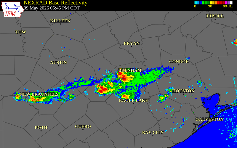 NEXRAD radar during the Saturday, May 9, 2026 storm activity in Burleson County, Texas
