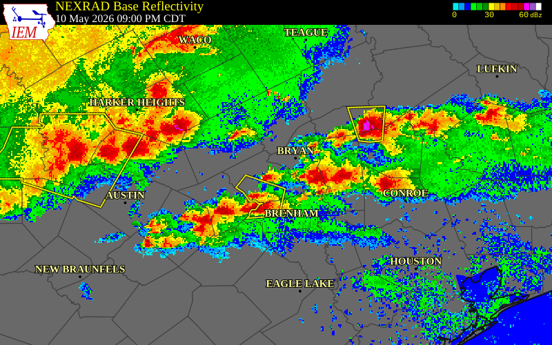 NEXRAD radar during the Sunday, May 10, 2026 storm activity in Burleson County, Texas