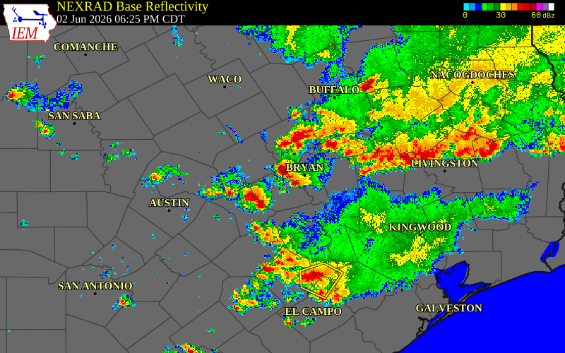Radar snapshot during the Jun 2, 2026 wind event near Burleson County, Burleson County, Texas, with NWS warning polygons
