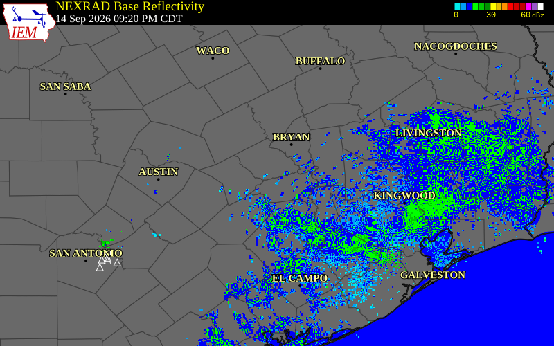 Current NEXRAD radar over Burleson County, Texas with recent storm report locations