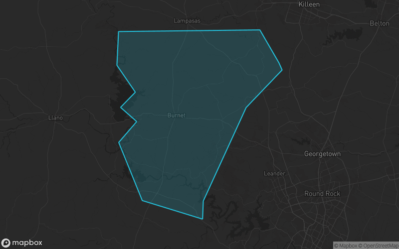 Map of Burnet County, Texas showing the county boundary and surrounding cities