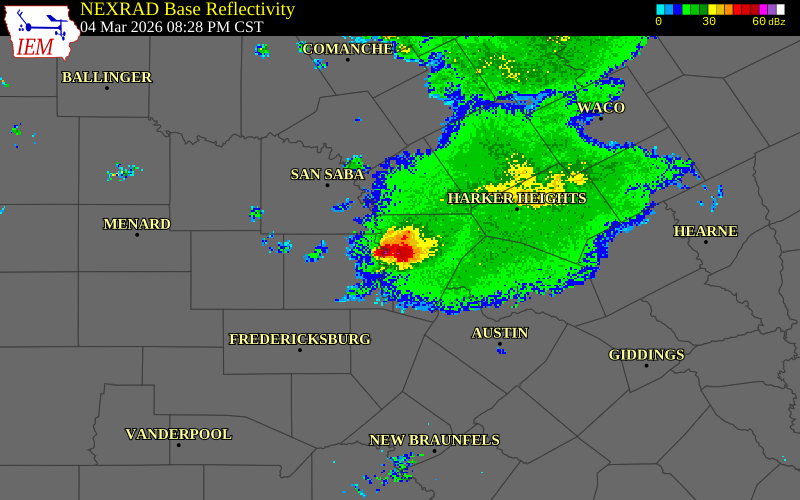 NEXRAD radar during the Wednesday, March 4, 2026 storm activity in Burnet County, Texas