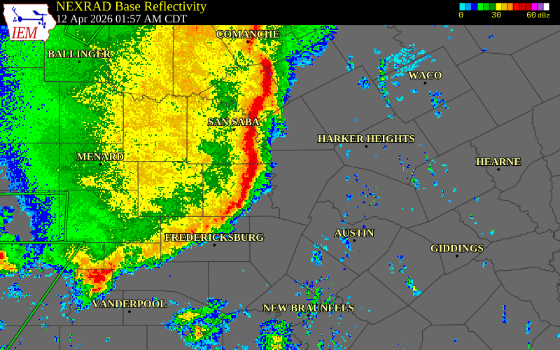 NEXRAD radar during the Sunday, April 12, 2026 storm activity in Burnet County, Texas