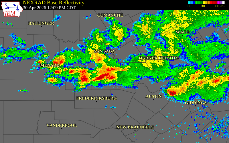 NEXRAD radar during the Thursday, April 30, 2026 storm activity in Burnet County, Texas