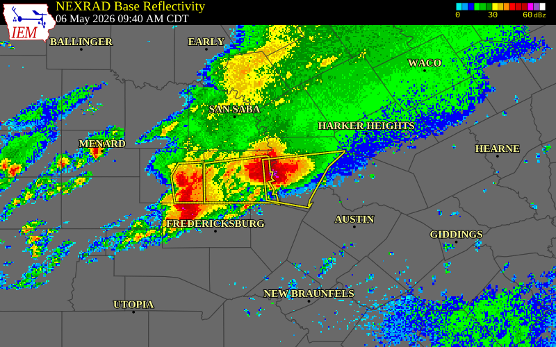 NEXRAD radar during the Wednesday, May 6, 2026 storm activity in Burnet County, Texas