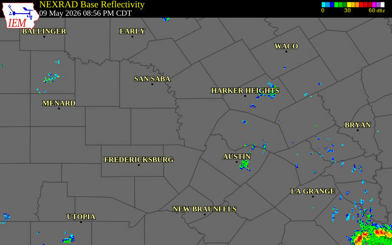 NEXRAD radar during the Saturday, May 9, 2026 storm activity in Burnet County, Texas