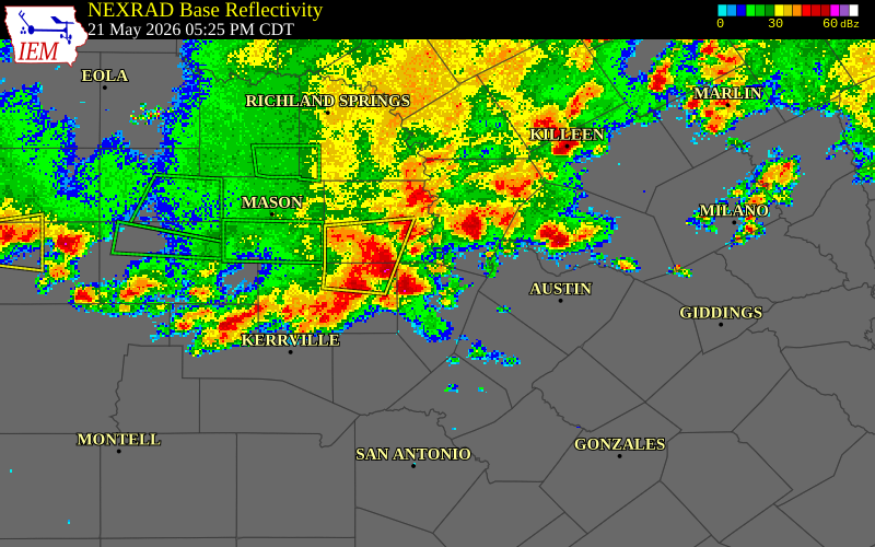 NEXRAD radar during the Thursday, May 21, 2026 storm activity in Burnet County, Texas