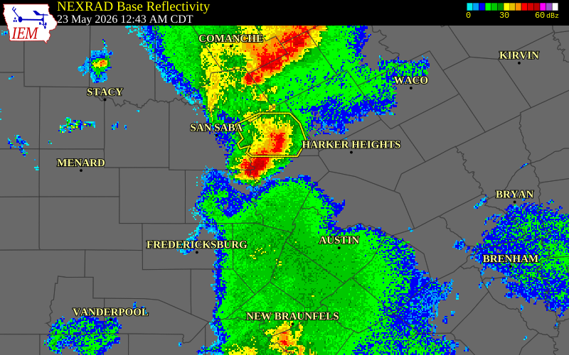 NEXRAD radar during the Saturday, May 23, 2026 storm activity in Burnet County, Texas
