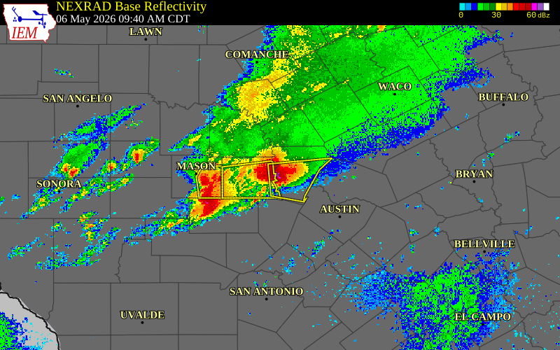 Radar snapshot during the May 6, 2026 hail event near Inks Lake State Park, Burnet County, Texas, with NWS warning polygons