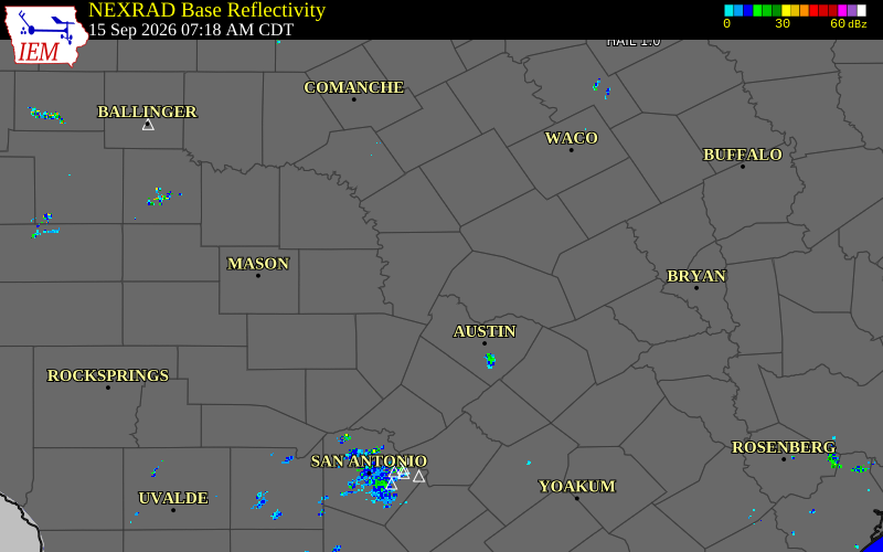 Current NEXRAD radar over Burnet County, Texas with recent storm report locations