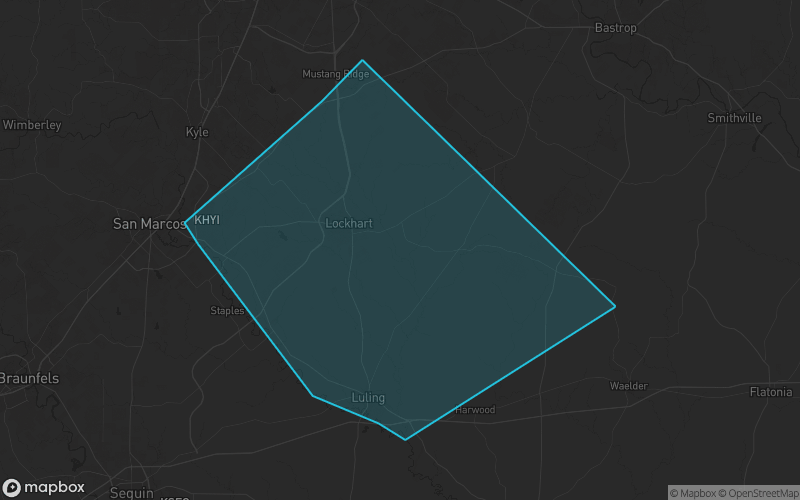 Map of Caldwell County, Texas showing the county boundary and surrounding cities