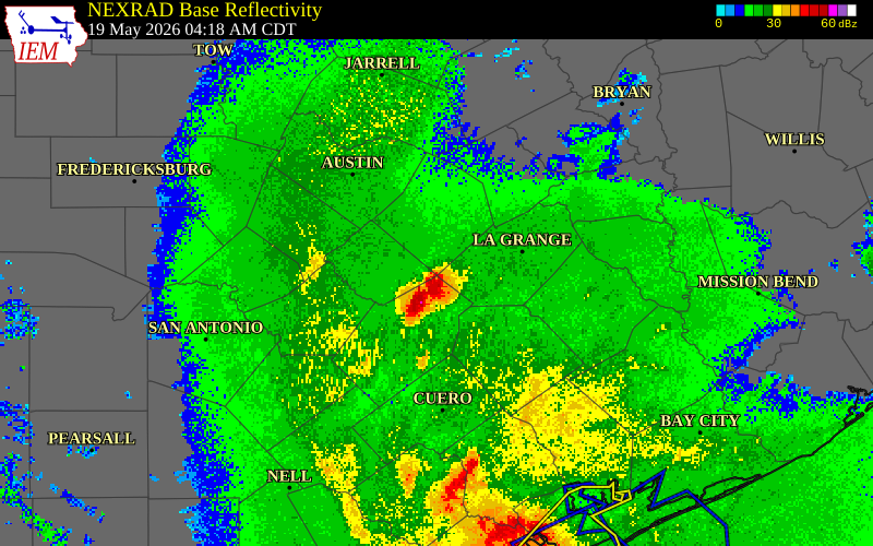 NEXRAD radar during the Tuesday, May 19, 2026 storm activity in Caldwell County, Texas