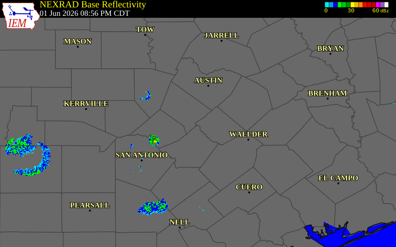 NEXRAD radar during the Monday, June 1, 2026 storm activity in Caldwell County, Texas