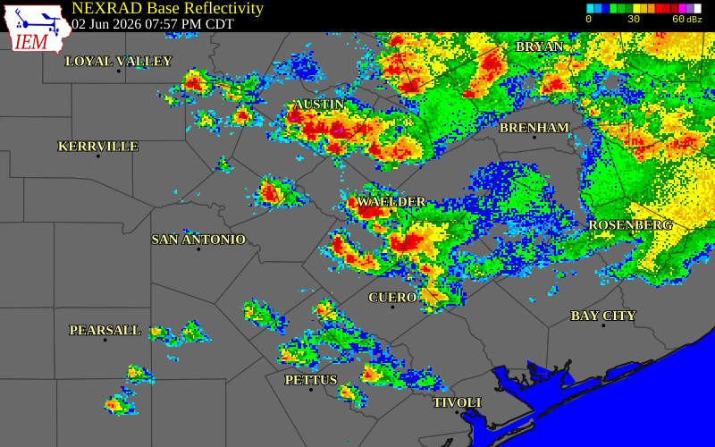 NEXRAD radar during the Tuesday, June 2, 2026 storm activity in Caldwell County, Texas