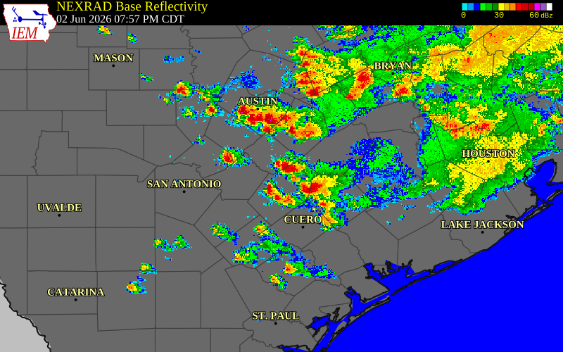 Radar snapshot during the Jun 2, 2026 wind event near Caldwell County, Caldwell County, Texas, with NWS warning polygons