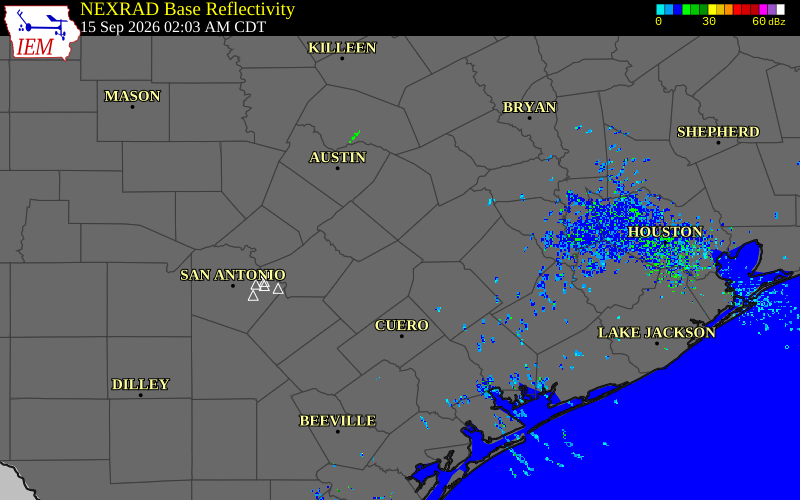 Current NEXRAD radar over Caldwell County, Texas with recent storm report locations