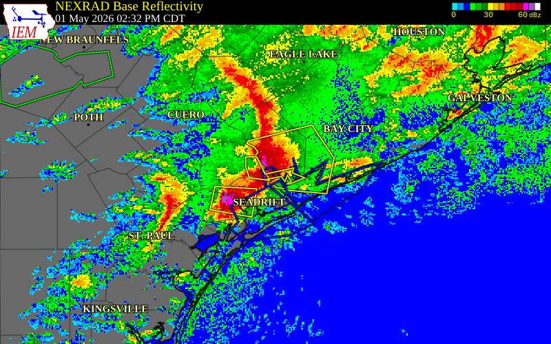 NEXRAD radar during the Friday, May 1, 2026 storm activity in Calhoun County, Texas