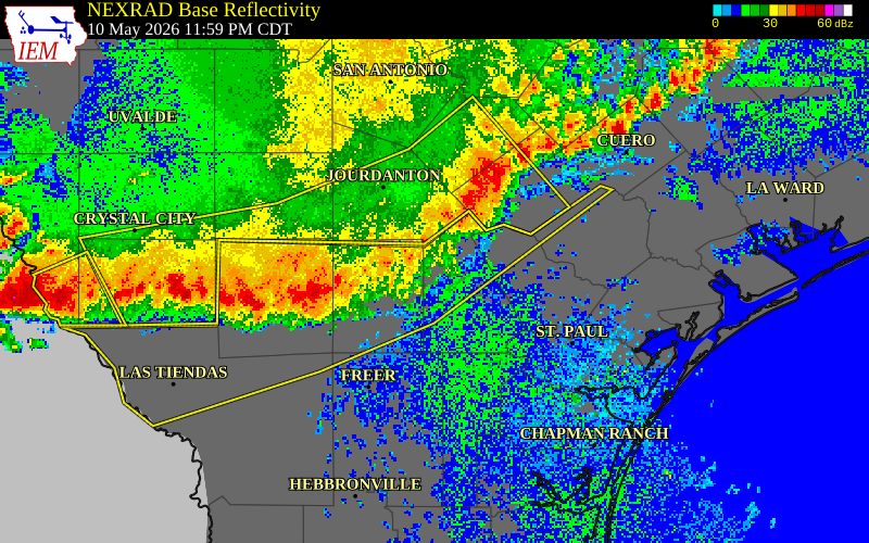 NEXRAD radar during the Sunday, May 10, 2026 storm activity in Calhoun County, Texas