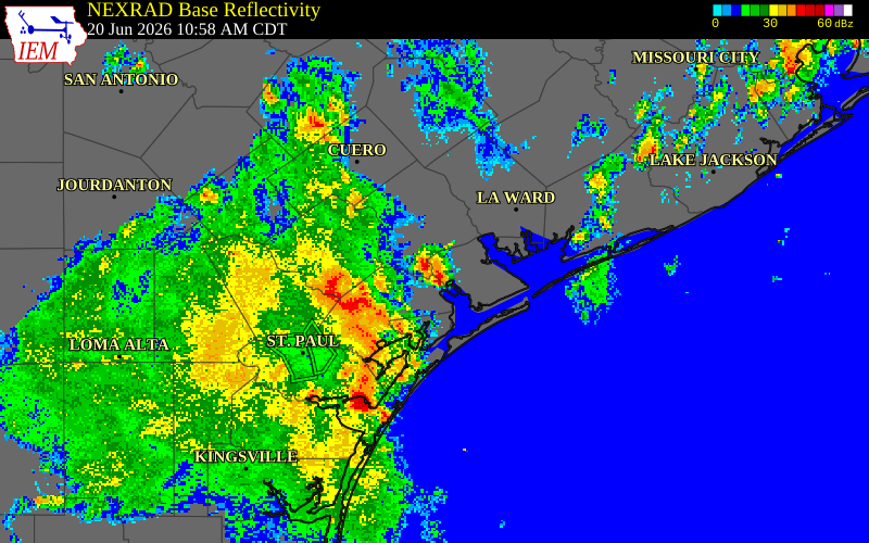 NEXRAD radar during the Saturday, June 20, 2026 storm activity in Calhoun County, Texas