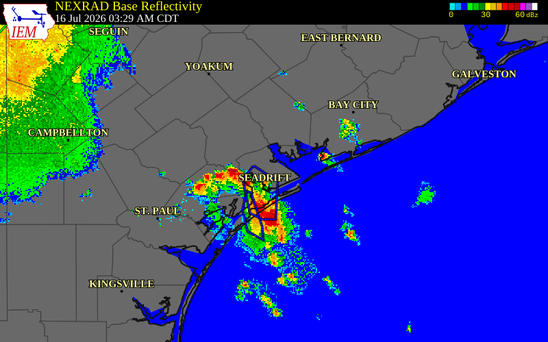 NEXRAD radar during the Thursday, July 16, 2026 storm activity in Calhoun County, Texas