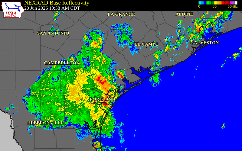 Radar snapshot during the Jun 20, 2026 tornado event near 7 N Tivoli, Calhoun County, Texas, with NWS warning polygons