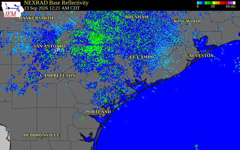 Current NEXRAD radar over Calhoun County, Texas with recent storm report locations