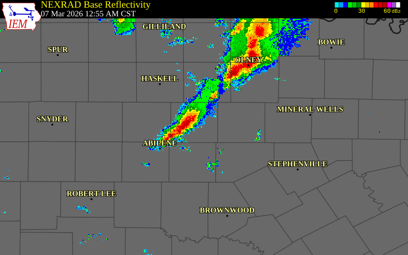 NEXRAD radar during the Saturday, March 7, 2026 storm activity in Callahan County, Texas