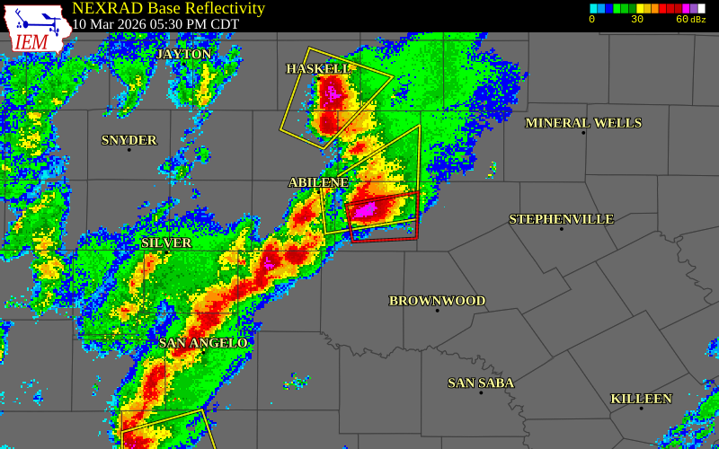 NEXRAD radar during the Tuesday, March 10, 2026 storm activity in Callahan County, Texas