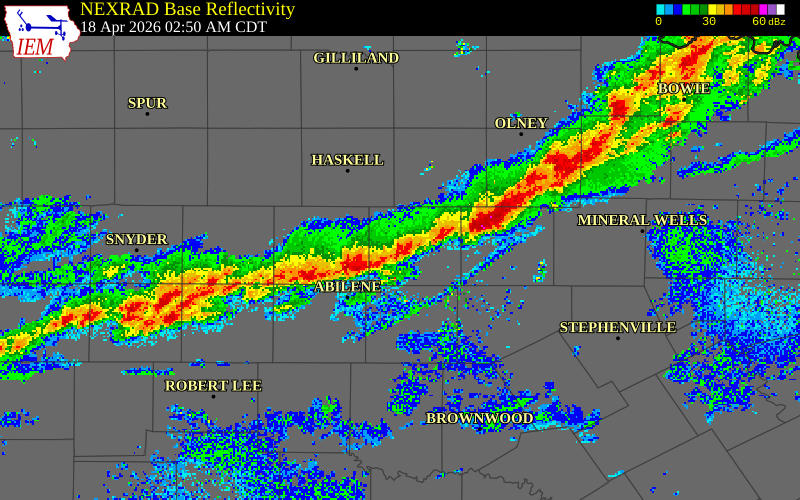 NEXRAD radar during the Saturday, April 18, 2026 storm activity in Callahan County, Texas
