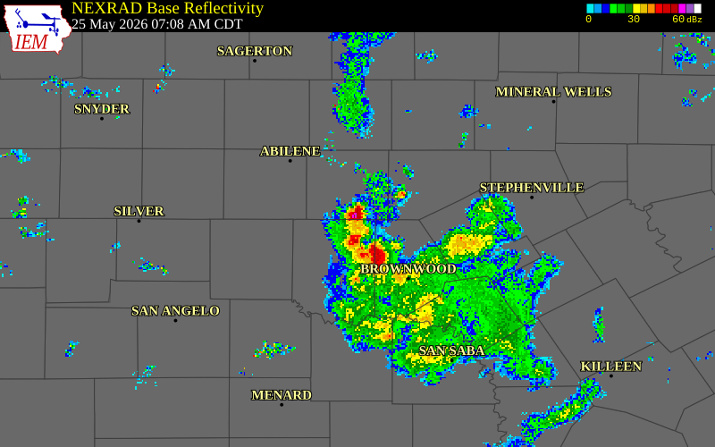 NEXRAD radar during the Monday, May 25, 2026 storm activity in Callahan County, Texas