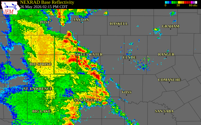 NEXRAD radar during the Tuesday, May 26, 2026 storm activity in Callahan County, Texas