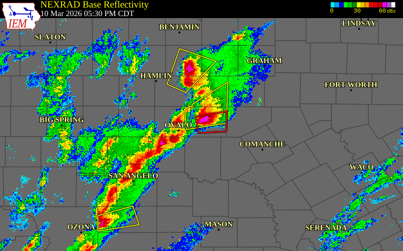 Radar snapshot during the Mar 10, 2026 tornado event near 7 E Dudley, Callahan County, Texas, with NWS warning polygons